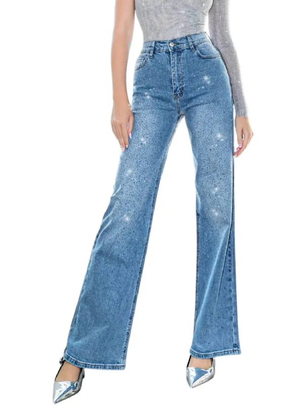 Celine All Over Rhinestone Flare Jeans In Blue