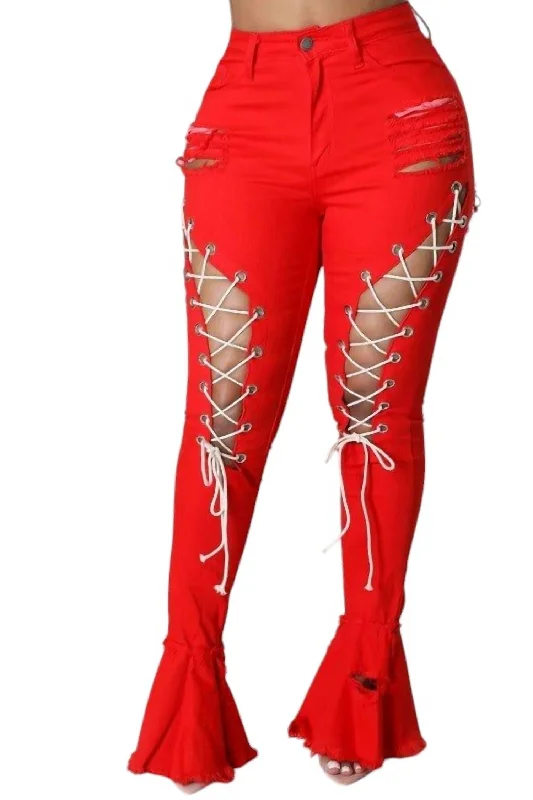 Lace Up Jeans In Red