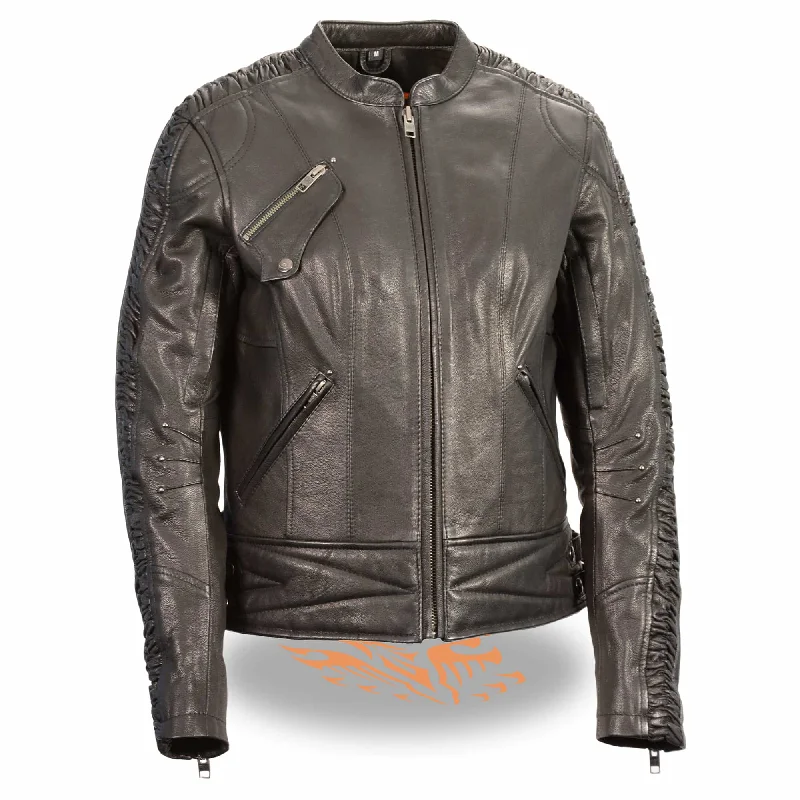 Ladies Crinkled Arm Leather Jacket