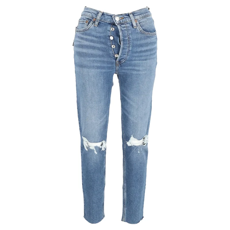 Re/Done Ripped Buttoned Slim-Fit Jeans in Blue Cotton Denim