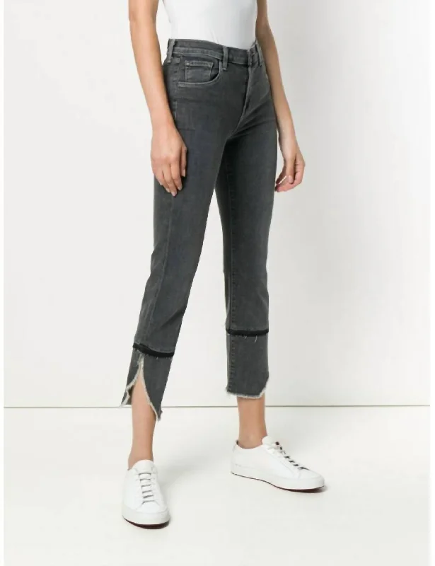 Ruby High Rise Asymmetrical Fray Straight Leg Crop Jeans In Gray