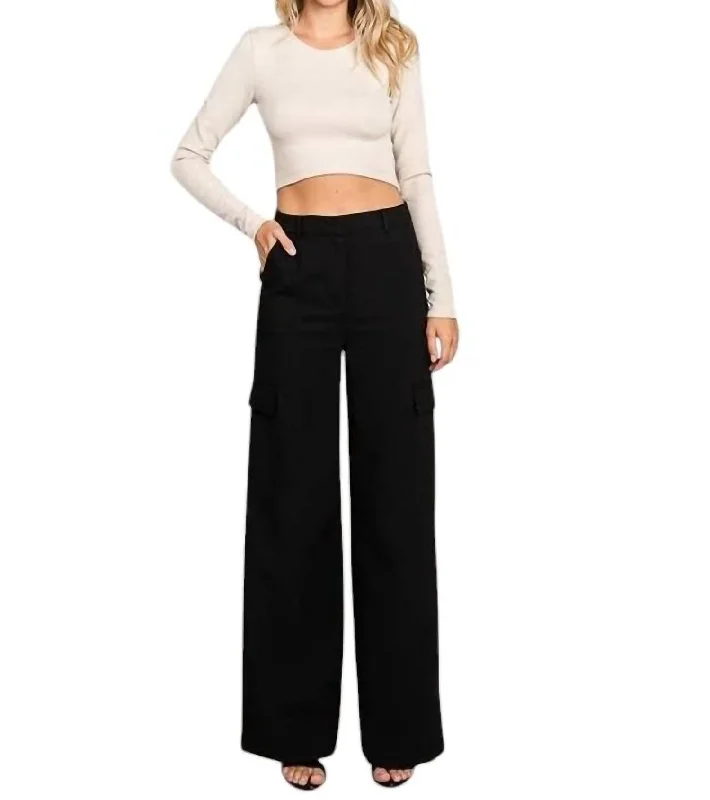 Twill Wide Leg Flap Pocket Pants In Black