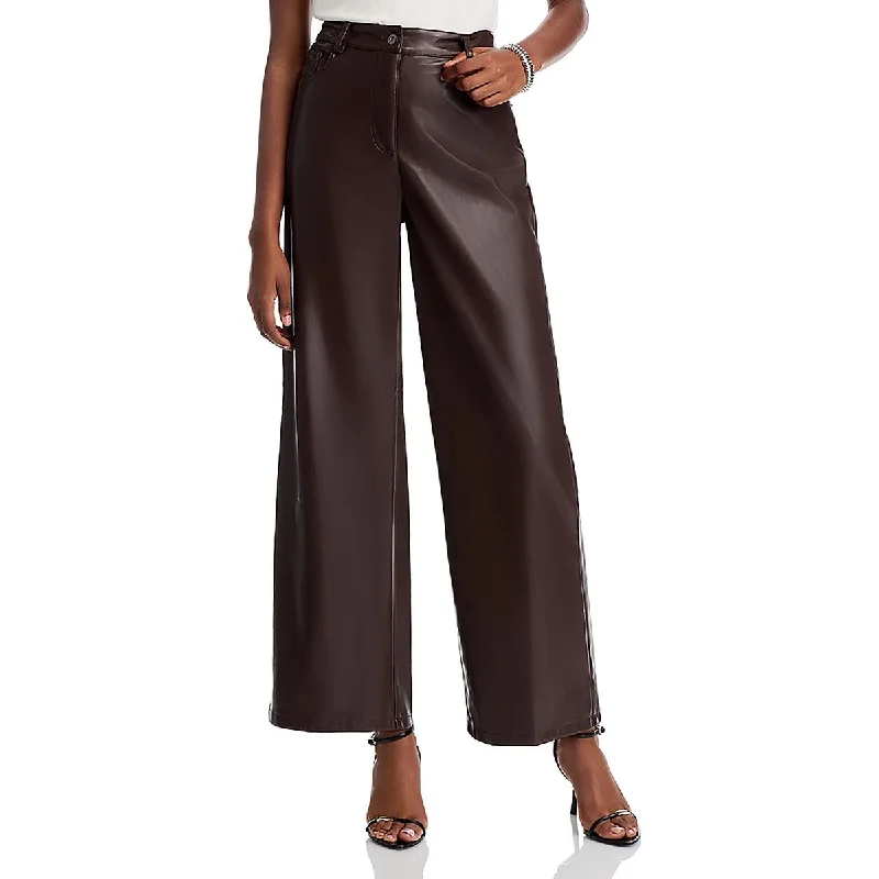 Womens High Rise Faux Leather Wide Leg Pants